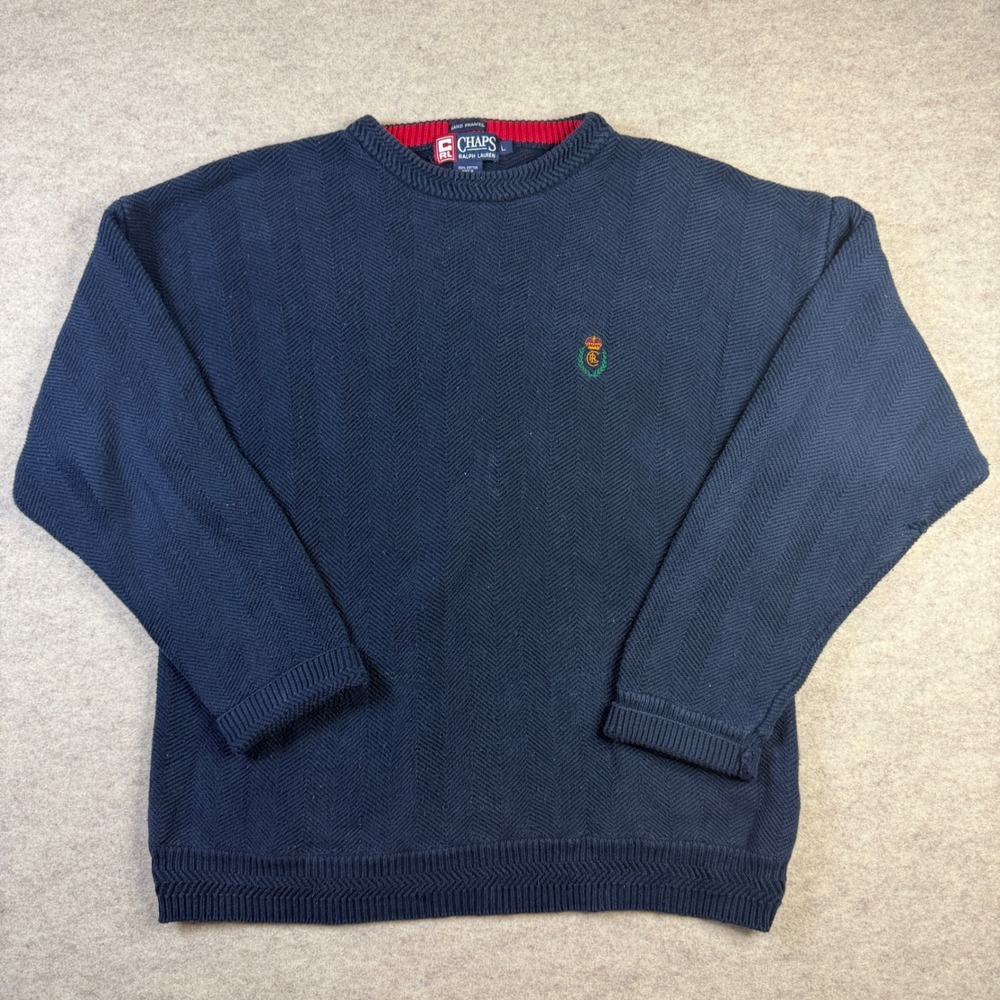 Chaps Ralph Lauren Mens Navy Blue Herringbone Cotton Knit Crest Sweater Large